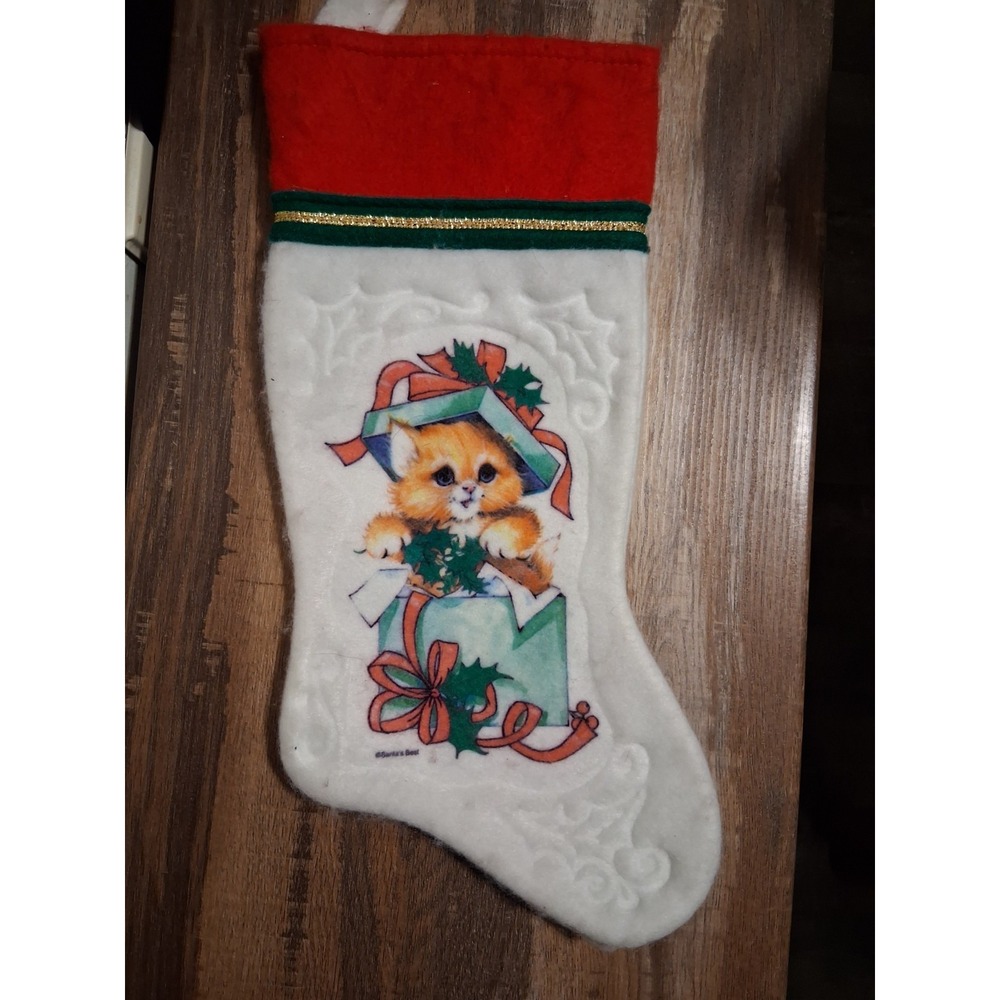 Vintage 80s 90s Christmas Stocking Felt Kitten Kitty‎ Cat Santa's Best
